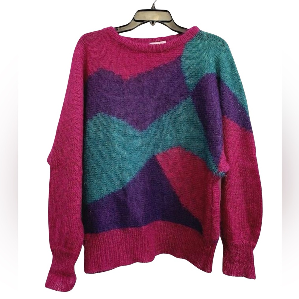 Vintage Christian Dior Mohair Sweater 80s Colorblock Fuzzy Knit Crewneck
